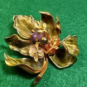 Vintage Signed Francois Restored Leaf Green Enamel/Stones Faux Pearl Brooch